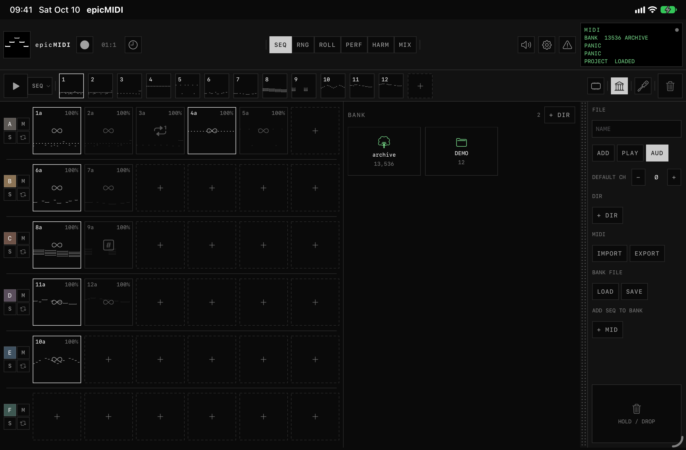 epicMIDI SEQ grid with the bank panel