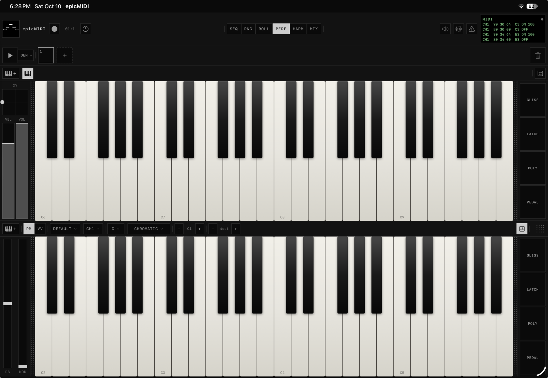 epicMIDI performance page with two keyboards